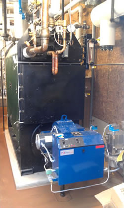 MPH 80 low pressure steam boiler; the burner is in the front (blue).